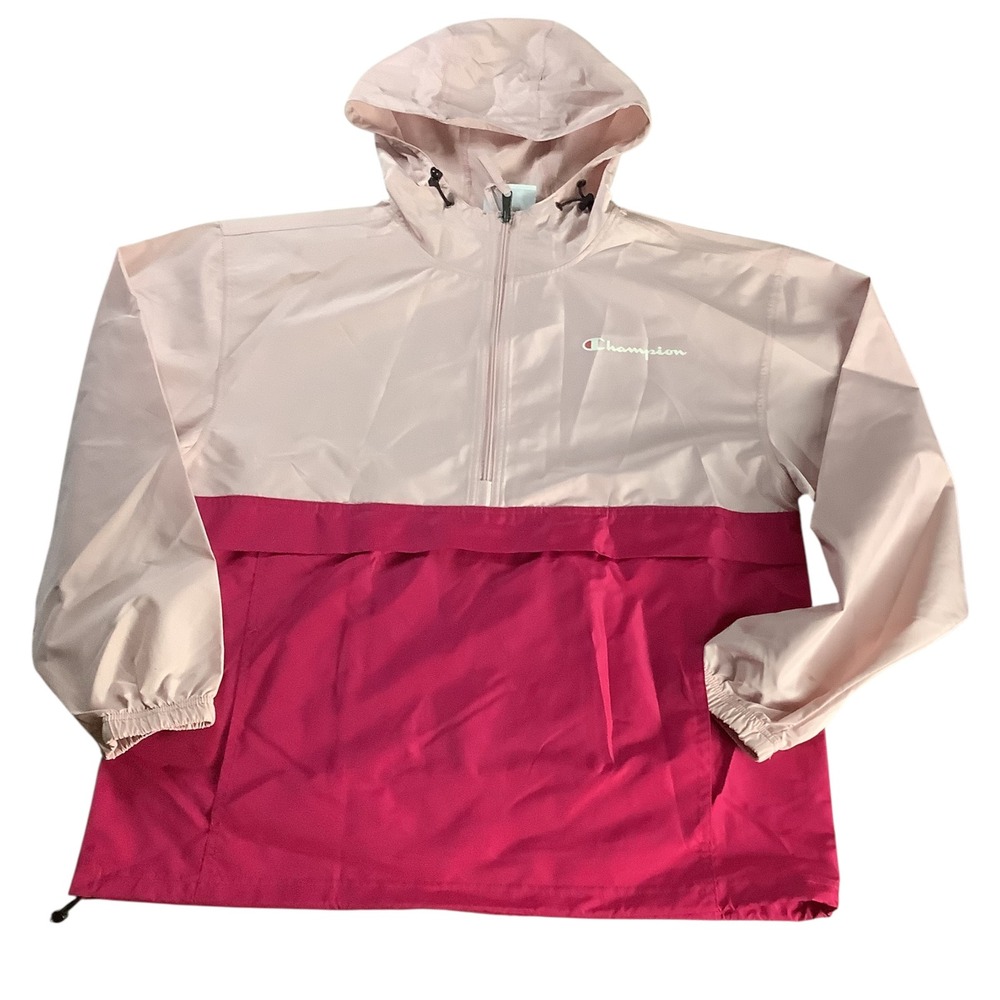 Champion Windbreaker Women M Pink Colorblock Quarter Zip Hooded Packable Jacket